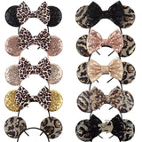 Disney Mickey Mouse Ears Leopard Print Headbands for Girls Baby Women Sequins 5"Bows Hair Accessories Adults Hairbands Kids Gift