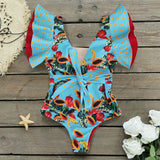 Sexy Ruffle Shoulder Swimsuit V-Neck Swimwear Women Backless Push Up Bathing Suit  Beach Wear 2024 Female Swimming Suit