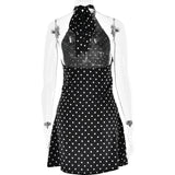 FDYOUI Woman Clothes Halter Sleeveless Polka Dot Satin Short Dress 2026 Summer Sexy Bandage Backless Mini Evening Party Dresses