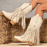 Street Style Rivet Tassel Boots Women 2025 New Beige Plus Size 36-43 Mid-Calf Boots for Woman Pointed Toe Zipper Up Botas Female