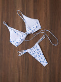 Sexy blue floral print front knot bikinis sets two pieces thong swimsuit Swimwear bathing suit beach outfits biquini tankini