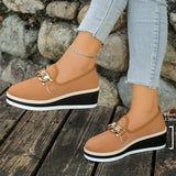 Fashion Metal Chain Wedge Heeled Loafers Women 2026 Slip On Platform Pu Leather Shoes Woman Non Slip Thick Sole Single Shoes