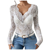 Women V Neck Floral Lace Long Sleeve T Shirt See Through Slim Fit Tees Y2k Gothic Club Party Streetwear Ladies Sheer Basic Tops