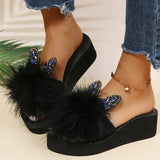 Faux Fur Wedges Slippers for Women Spring Autumn Fashion Crystal Detor Platform Slides Woman Slip On Open Toe Slippers Female