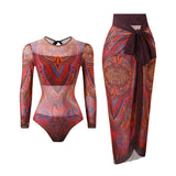 S - XXL Printed Long Sleeve With Sarong One Piece Swimsuit Women Swimwear Female Flowers Padded Bather Bathing Suit Swim K7181
