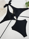 DEKA Women Mesh One-Piece Swimsuit Solid Black V-neck Swimwear Wrap Front Cutout Sexy Monokini Bathing Suits Beachwear