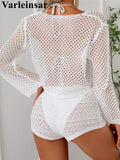V Neck Long Sleeve Hollow Out Crochet Knitted Tunic Beach Dress Beach Wear Beachwear Beach Cover Up Cover-upsFemale Women V7192