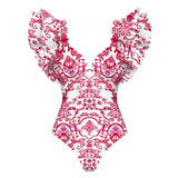 Sexy Ruffle Shoulder Swimsuit V-Neck Swimwear Women Backless Push Up Bathing Suit  Beach Wear 2024 Female Swimming Suit