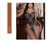 Leopard print sexy nightgown with underwire push-up jumpsuit and apron set | Free Pajamas w/ Purchase