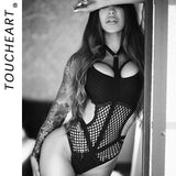 Toucheart Erotic Halter Bodysuit Large Mesh Splicing Andheavy Craftsmanship Women Hollow Seductive Intimate Hot Private Bodysuit