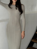 Women Spring Autumn Solid Color Bodycon Knit Dress Long Sleeve Crew Neck Ribbed Dress Slim Fit Long Dress