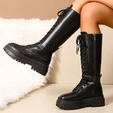 Motorcycle Thick Bottom Boots Women Spring Autumn Punk Zipper Up Knee High Boots Woman Lace Up Black Pu Leather Botas Female