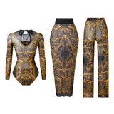 S - XXL 3PCS New Printed Long Sleeve With Pants Sarong Women Swimwear One Piece Swimsuit Female Bather Bathing Suit Swim V7180