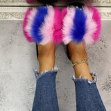 Mix Color Faux Fur Cotton Slippers for Women Open Toe Non Slip Plush Slippers Woman 2025 Lightweight Indoor Flats Slides Mujer