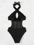 One Piece Bikini Women 2026 Grenadine Solid black Cross Bandage Hollow Out Swimwear Beach Backless Bathing Suit Monokini