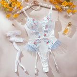 Toucheart Women Sexy Bodysuit Lace Printing See-through Skinny Plunge Romantic Hot Girls Interesting Leisure Sling Jumpsuit Set
