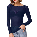 Sexy Women T Shirt See Through Mesh Black Long Sleeve Tees Sheer Slim Fit O Neck Tulle Crop Top Y2k T-Shirt Transparent Clubwear