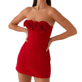 Women Solid Color Sexy Mini Dress Sleeveless Strapless Backless Flowers Slim Fit Summer Tube Dress Party Clubwear