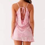 Women Summer Fashion Sleeveless Swing Collar Back Bandage Mini Dresses Flower Sequins Beaded Embroidery Cowl Neck Cami Dress