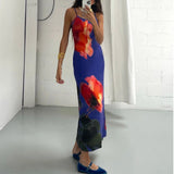 Summer Tie-Dye Floral Print Backless Party Dress Women Sleeveless Spaghetti Strap Sexy Bodycon Dress for Vacation Cocktail Beach