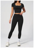2PC Color Contrast Yoga Suit Women Short Sleeve Square Collar Slim Sports Top Fitness Suits Outdoor Exercise Leggings Tracksuit