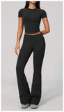 Seamless High Elasticity Yoga Sets Women Short Sleeve O Neck Sports T Shirts Workout Outfits Running Wide Leg Pants Fitness Suit