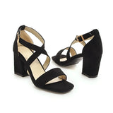 Big Size Casual Women Sandals Black Flock 7cm High Square Heels Peep Toe Summer Cross Buckle Strap Party Office Red Lady Sandals