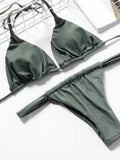 PU Pleated Ruched Bikinis Mini Micro Thong Bikini Women Swimwear Female Swimsuit Two-pieces Bikini Set Halter Bathing Suit Swim