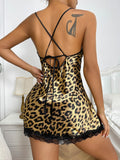 Women's Sleepwear Nighties Summer Sexy Leopard Printed Lace Trim Nightdress V Neck Backless Side Split Slip Pajamas