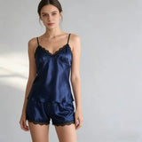 New Women Pajama V-Neck Lace Suit Fashion Sexy Lingerie Pyjamas Sleep Shorts Set Sleepwear No Padded