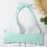 2026 Summer Women's Print Patchwork Swimsuit Sexy Deep V Neck Back Lace-up Swimwear High Waist Shorts Tankini Bathing Suit Beach