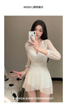 Swimsuit Women's Summer New One-piece Skirt Style Slimming Lace Long Sleeved Small Chest Steel Support Hot Spring Swimsuit