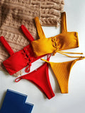 2025 Micro Bikinis Ribbed Bikini Set Women Sexy Swimsuit Mujer Bandeau Bikinis Lace Up Stylish Bathing Suit Wide Straps Swimwear