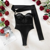 Toucheart Sexy Lingerie One-shoulder Sleeve Body Shaping Jumpsuit Women Push-up Chest Cotton Splicing Mesh Perspective Underwear
