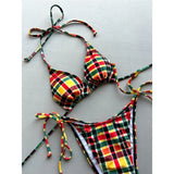 Sexy Plaid Halter Bikini Female Swimsuit Women Swimwear Two-pieces Bikini set High Leg Cut Padded Bather Bathing Suit Swim V7930