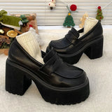 Punk Style Chunky Platform Pumps Women Black Pu Leather Super High Heel Loafers Woman Slip On Thick Heels Lolita Mary Jane Shoes