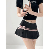 Striped Contrasting Color Bow Lace Splicing Pleated Skirt Women 2026 Summer American Style Low Waist  A-line Short Skirt UBFK