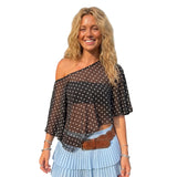 Women's Summer Off Shoulder Chiffon Poncho Tops Dot Print Sheer Asymmetrical Cover-up for Party