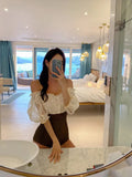 Sexy Off Shoulder Flounce One Piece Swimsuit Lady  Monokini Half Sleeve Swimwear Women Swim Bath Suit