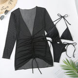 DEKA Sold Triangle Bikini Set Blouse Swimsuit Women Printed Halter Swimwear Cover Up Beach Wear 3 Pieces Sheer Bathing Suit