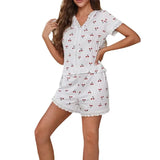 Women's V-Neck Lace Cherry Blossom Pajama Set, Soft Comfortable 2-Piece Loungewear Sleepwear for Spring and Summer