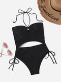2026 Drawstring Swimsuit Solid Cut Out Knot Halter One Piece Swimwear Women Padded Bathing Suit Female Swimming Summer Beachwear