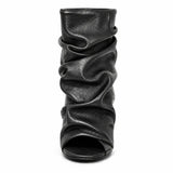 Black Soft Leather Peep Toe Pleated Mid-calf Boots Fashion Women 5 CM Thin Heels Solid Booties High Heel Boots Shoes Lady
