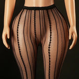 Knitted Seamless Fishnet Pantyhose Jacquard Lace Sexy Vertical Stripe Fishnet Stockings Transparent Pure Desire Elegant W0NL