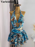 S - XL With Skirt Printed Halter Bikini Female Swimsuit Women Swimwear Three-pieces Bikini set Bather Bathing Suit Swim V8184