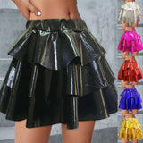 Women's Gold Metallic Tiered Mini Skirt Elastic High Waist Shiny Pu Ruffle Hem Party Skirts Dance Performance Festival Outfits