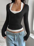 Women's Y2K Fake Two Piece Long Sleeve Cami Top, Fashion Slim Fit Sexy Streetwear T-Shirt