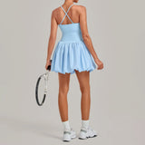 Fake Two Piece Tennis Dress Women Back Criss Cross Slim Bulit-in Shorts Golf Athletic Dresses Gym Pleated Fluffy Yoga Mini Dress