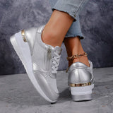 Fashion Thick Bottom Silver Sneakers Women 2025 Spring Wedge Heel Vulcanized Shoes Woman Comfortable Lace Up Sport Sneaker Mujer