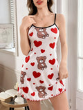 Cute Teddy Bear & Hearts Printed Nightgowns Women's Sleeveless Nighties Ruffled Hem Sleep Dress Loungewear Summer Sleepwear